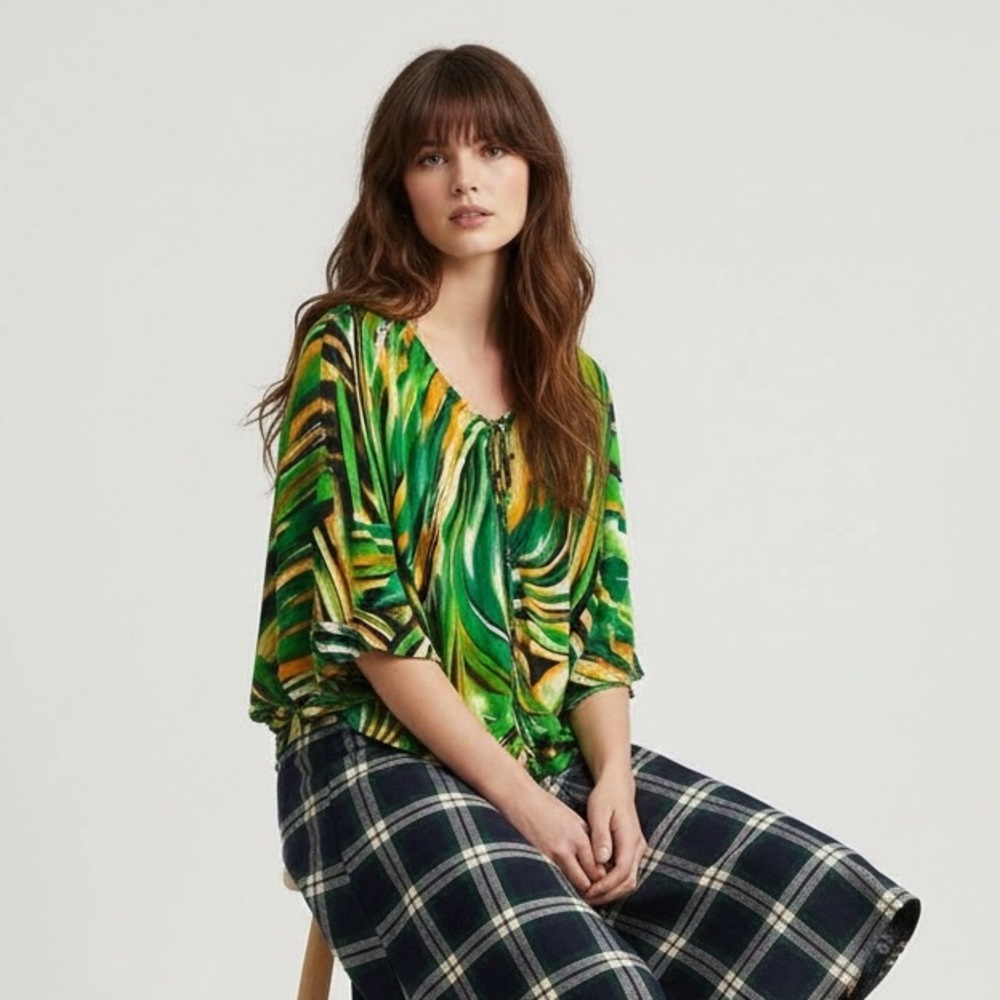 Creation Luz Abstract Print Flowy Top Green Orange Size OS